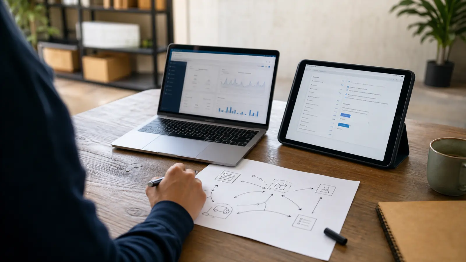 Laptop and tablet beside a printed diagram connecting business applications