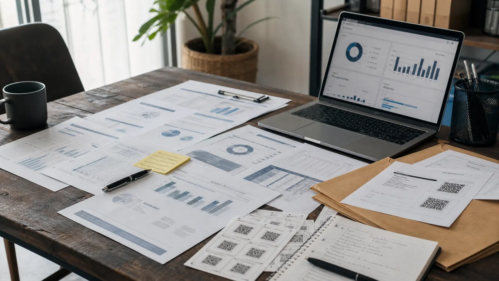 Anonymised dashboard printouts, forms, QR labels and project notes