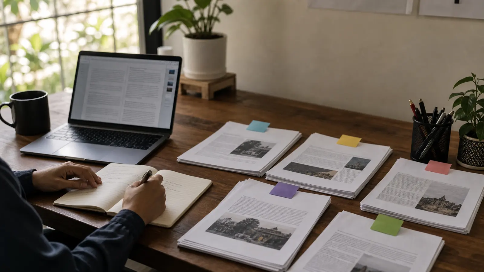Notebook and printed article outlines organised on a research desk