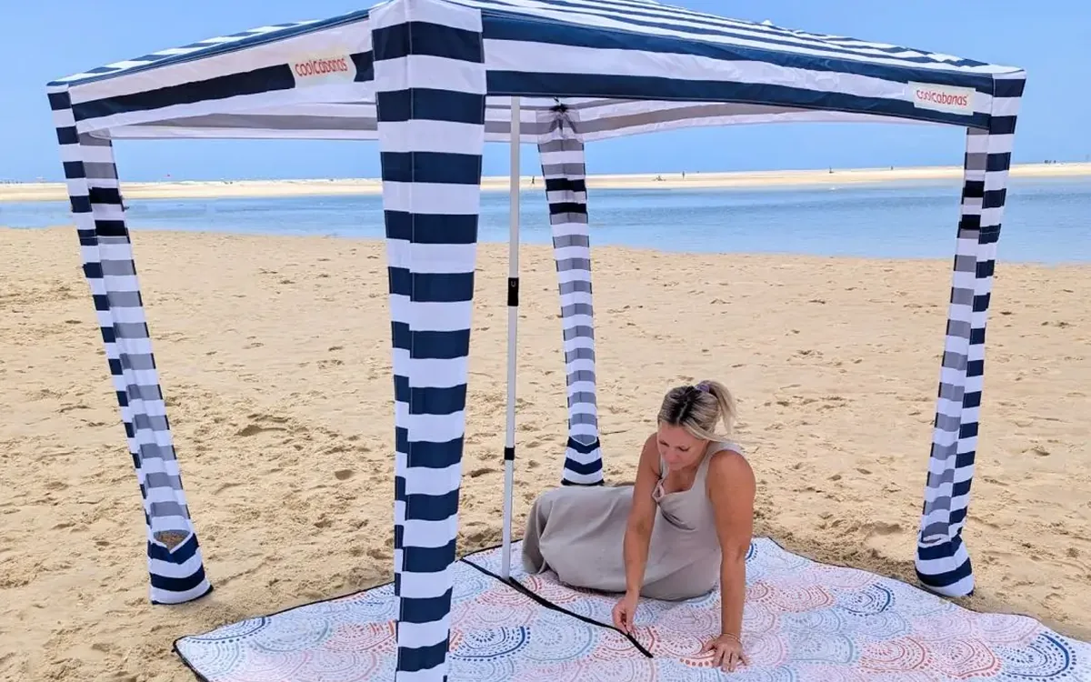 Cabanamate beach mat and movable shade product