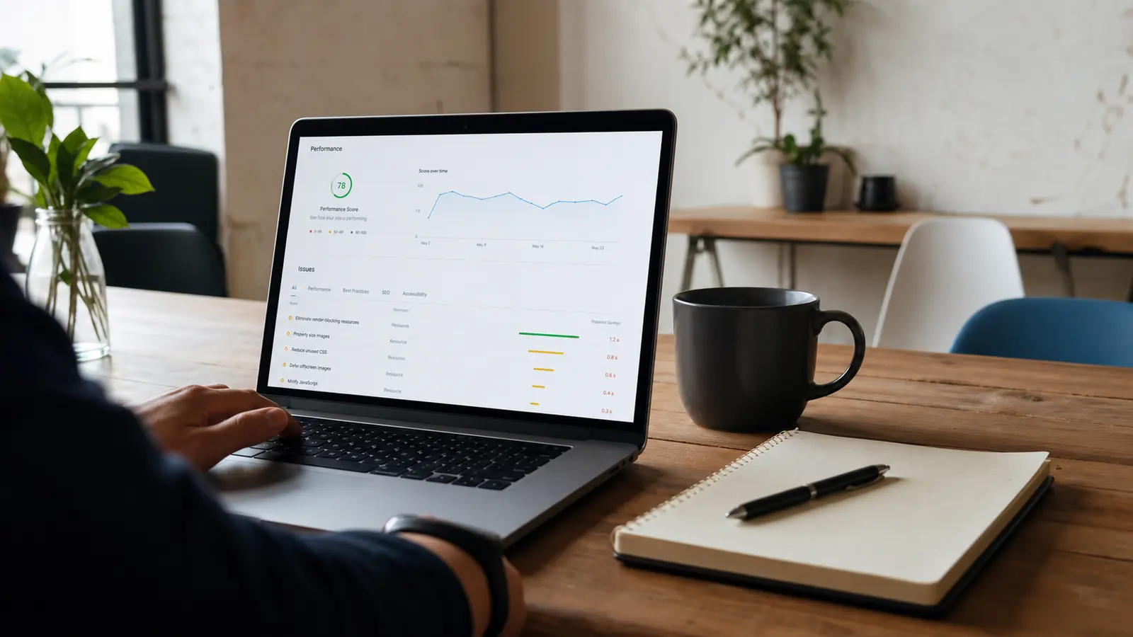 Laptop displaying a website performance audit in a real workspace